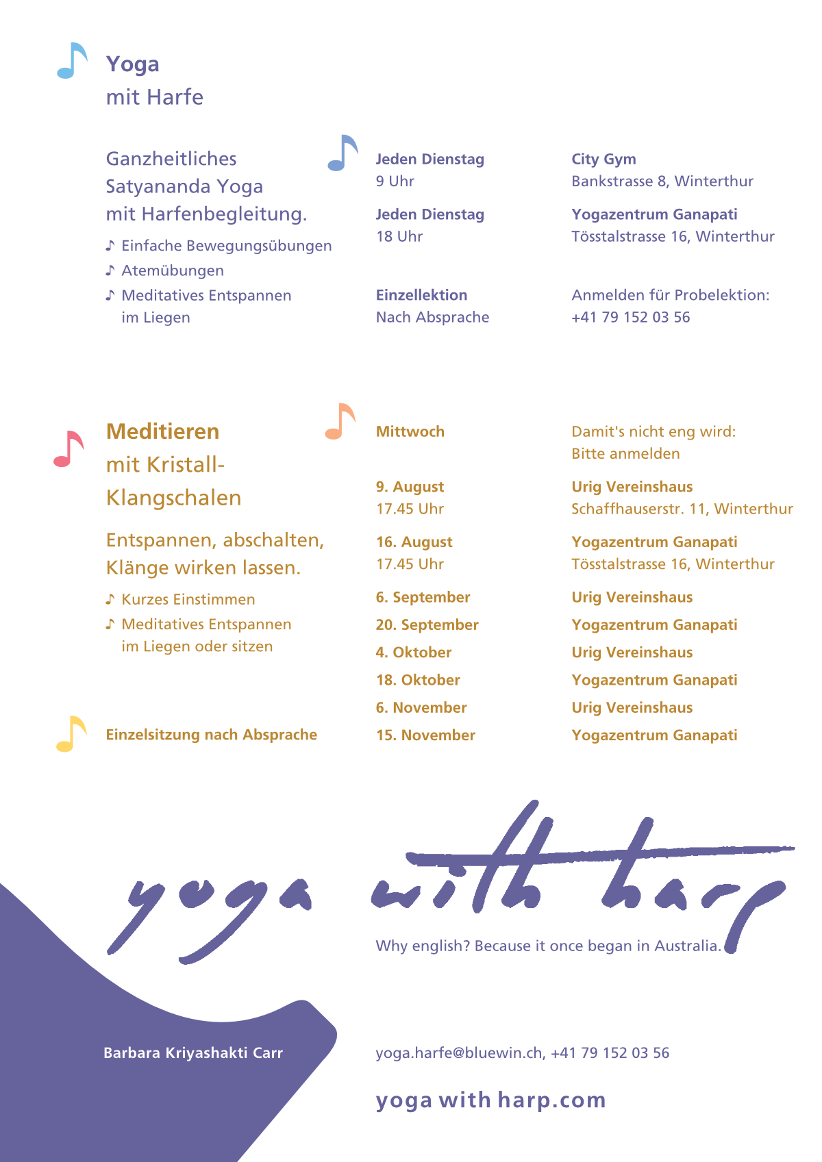 Termine Yoga mit Harfe und Meditieren mit Kristall-Klangschalen in Winterthur